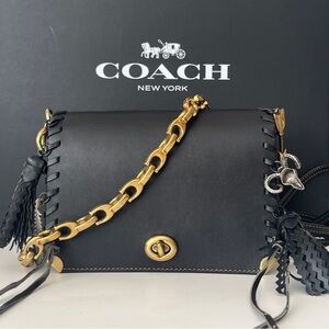 Coach Black Leather Crossbody with Gold Chain Strap and Tassel Charms